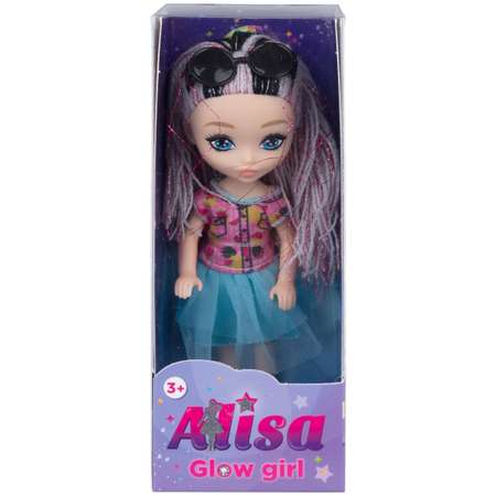 Кукла для девочки Alisa glow girl 1TOY мини с яркими волосами и очками гнущиеся колени в голубой юбке 15 см