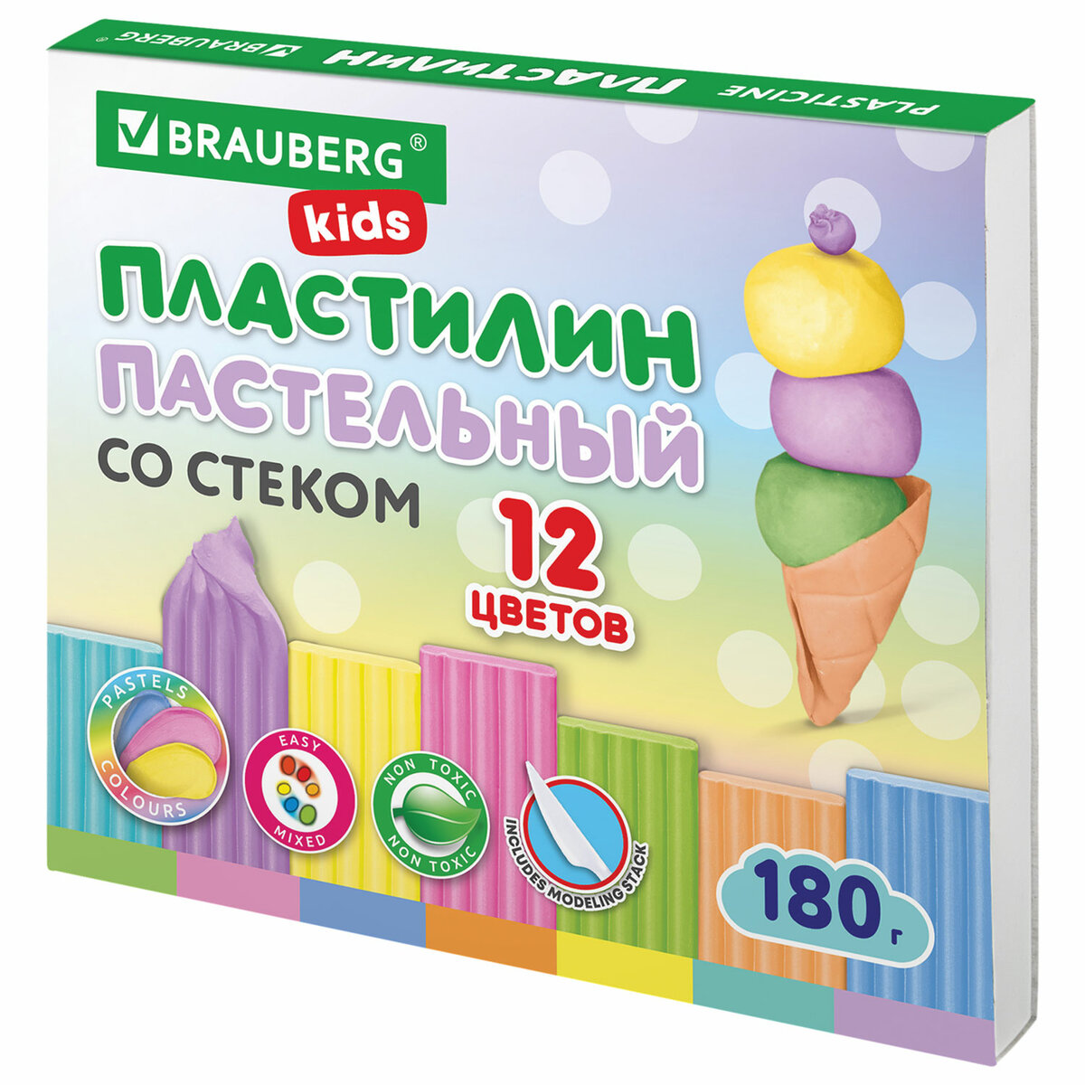 Пластилин Brauberg Kids 12 пастельных цветов со стеком 106681 - фото 2