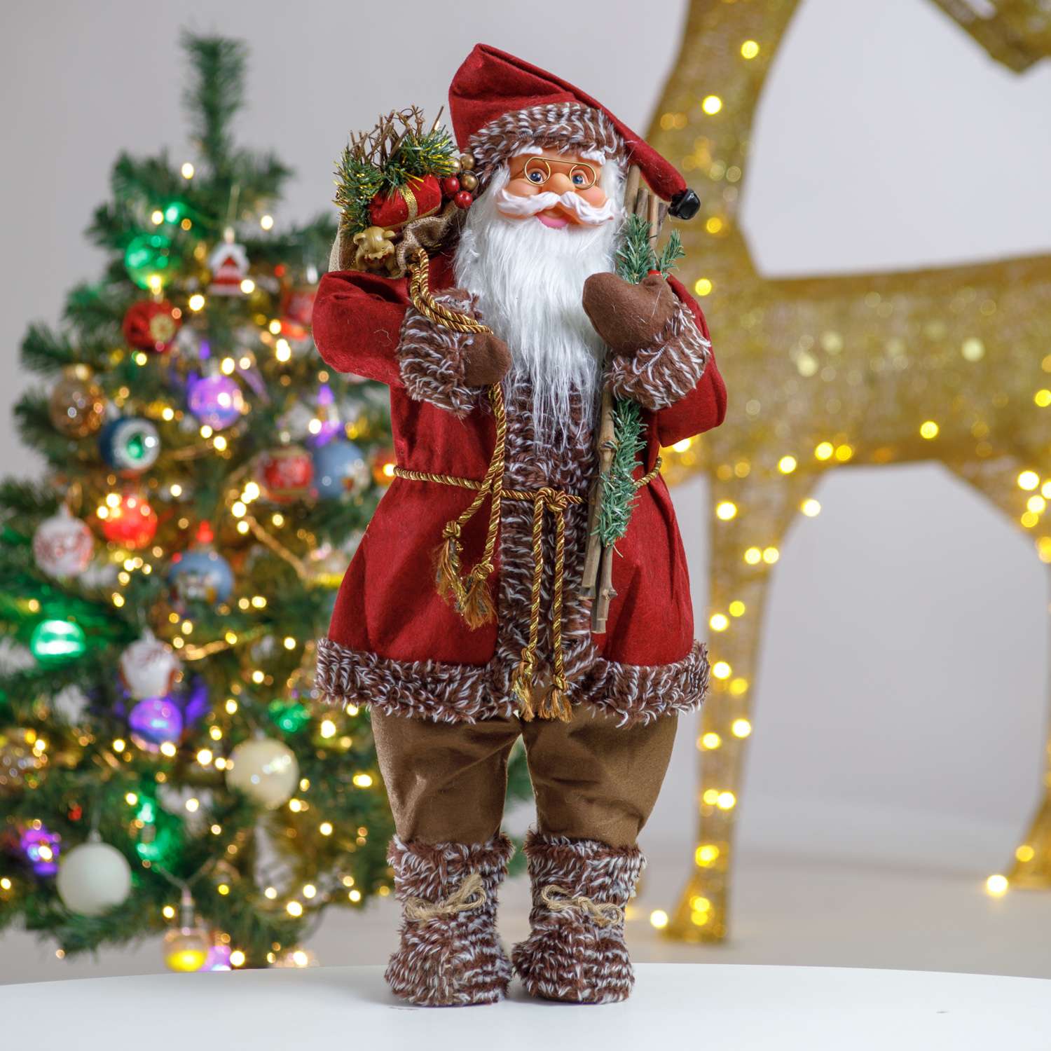 Фигура декоративная BABY STYLE Дед Мороз бордовый костюм с коричневой опушкой 60 см - фото 1
