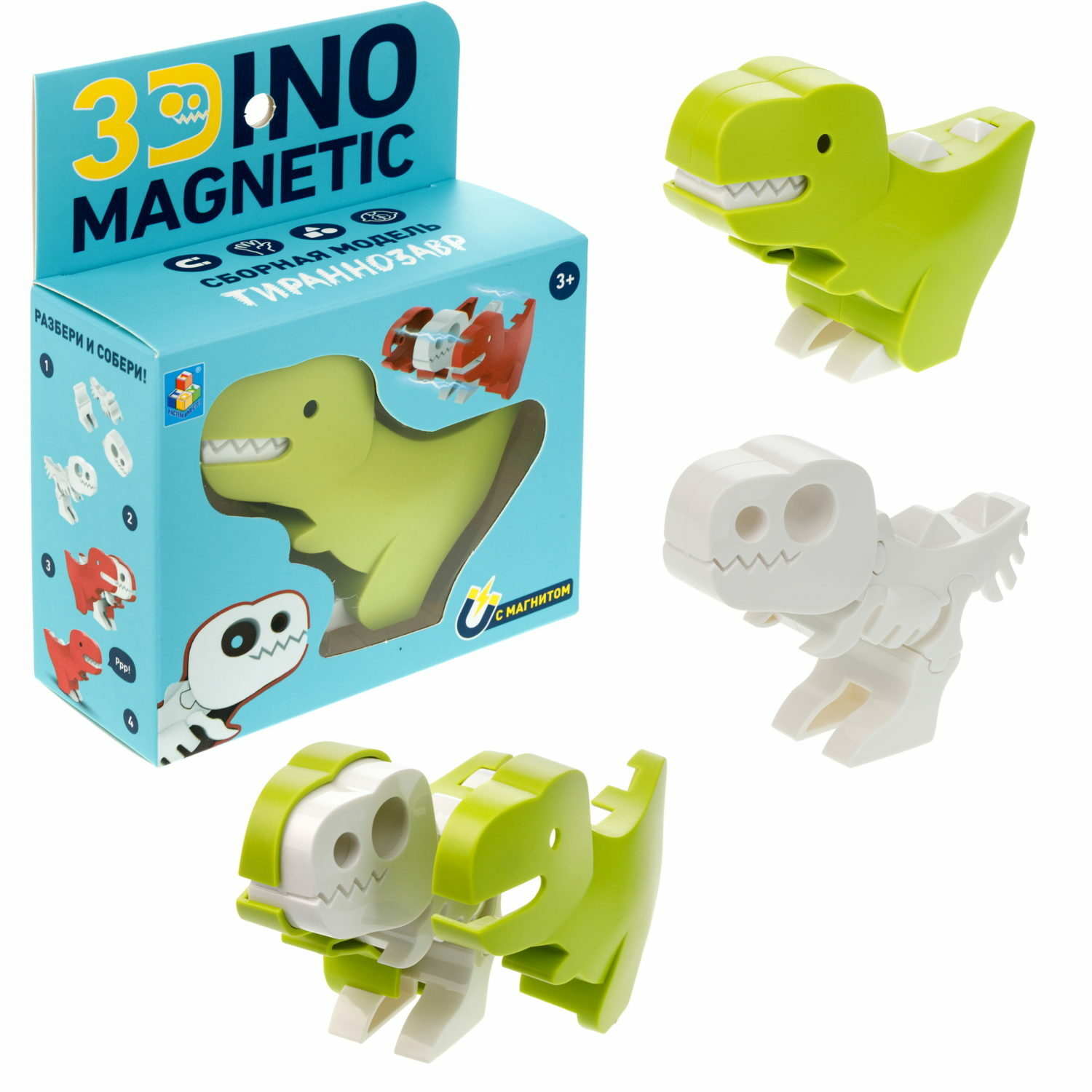 Конструктор монтессори 1TOY 3Dino Magnetic динозавр Тираннозавр зеленый - фото 1