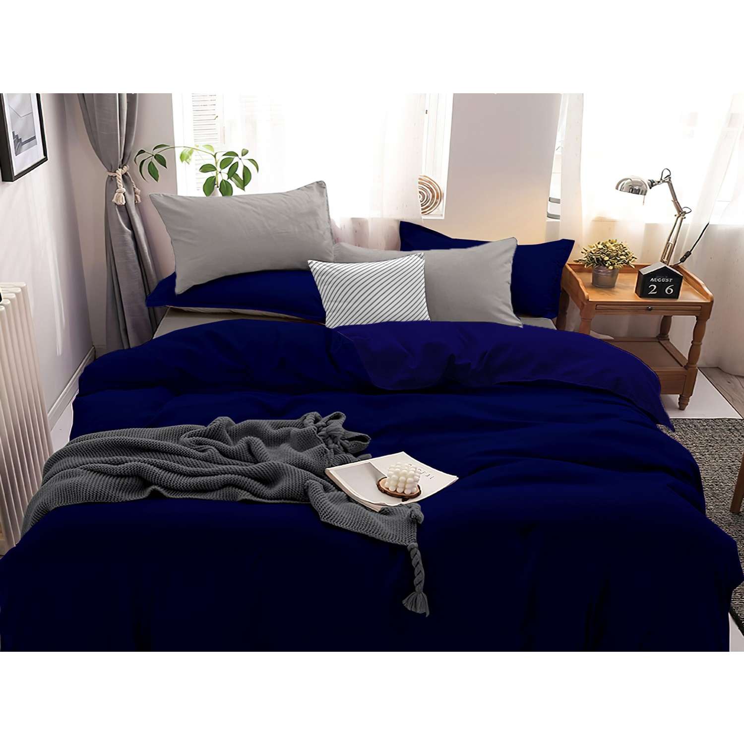 Комплект постельного белья PAVLine Манетти полисатин Евро темно-синий/серый S32 - фото 1