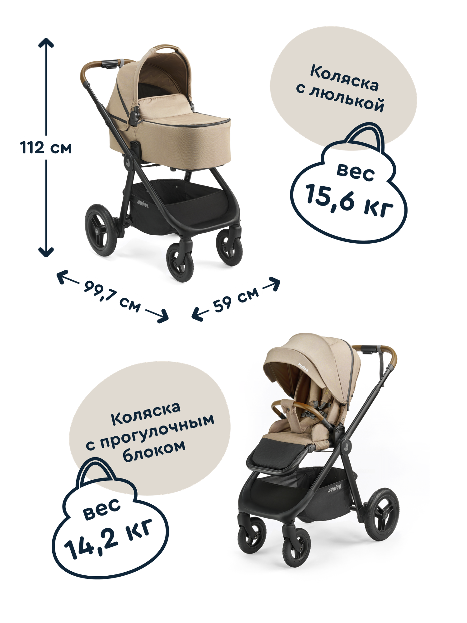 Коляска универсальная 2 в 1 детская всесезонная Junion Pioni цвет бежевый - фото 4