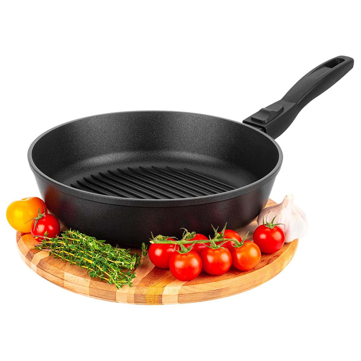 Сковорода - гриль круглая Elan Gallery 26 см ГАРМОНИЯ ВКУСА Черный оникс с крышкой D26. со съёмной ручкой - фото 4