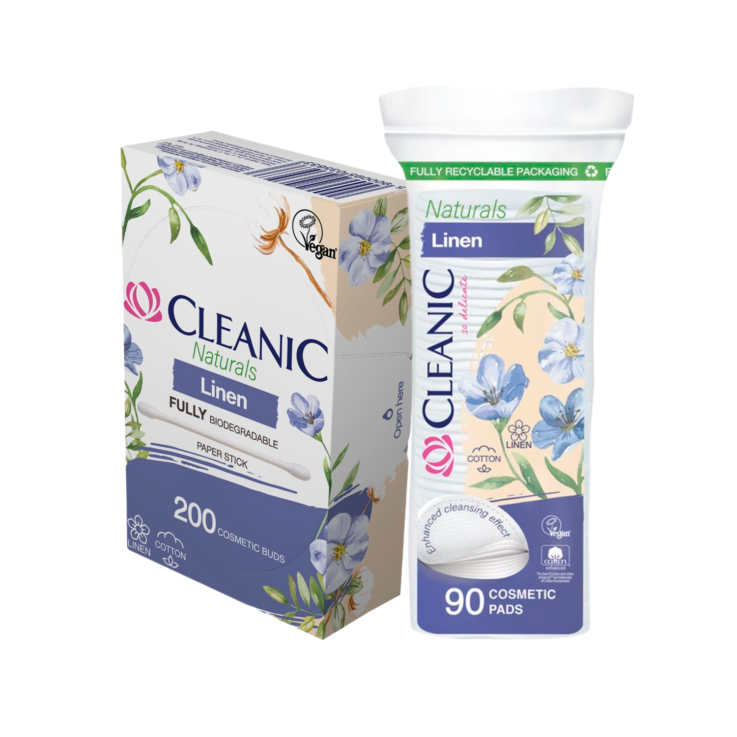 Набор Ватные диски + палочки Cleanic Naturals Linen 90 шт + палочки гигиенические в прямоугольной коробке 200 шт - фото 1