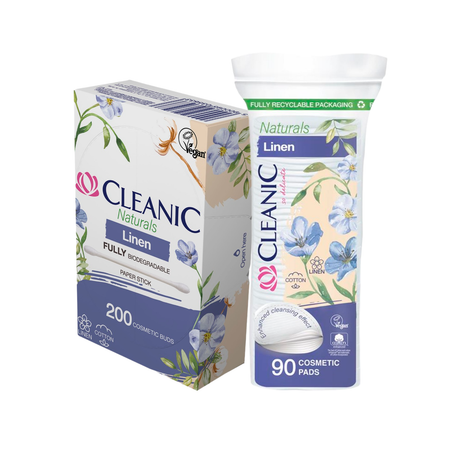 Набор Ватные диски + палочки CLEANIC Naturals Linen 90 шт + палочки гигиенические в прямоугольной коробке 200 шт