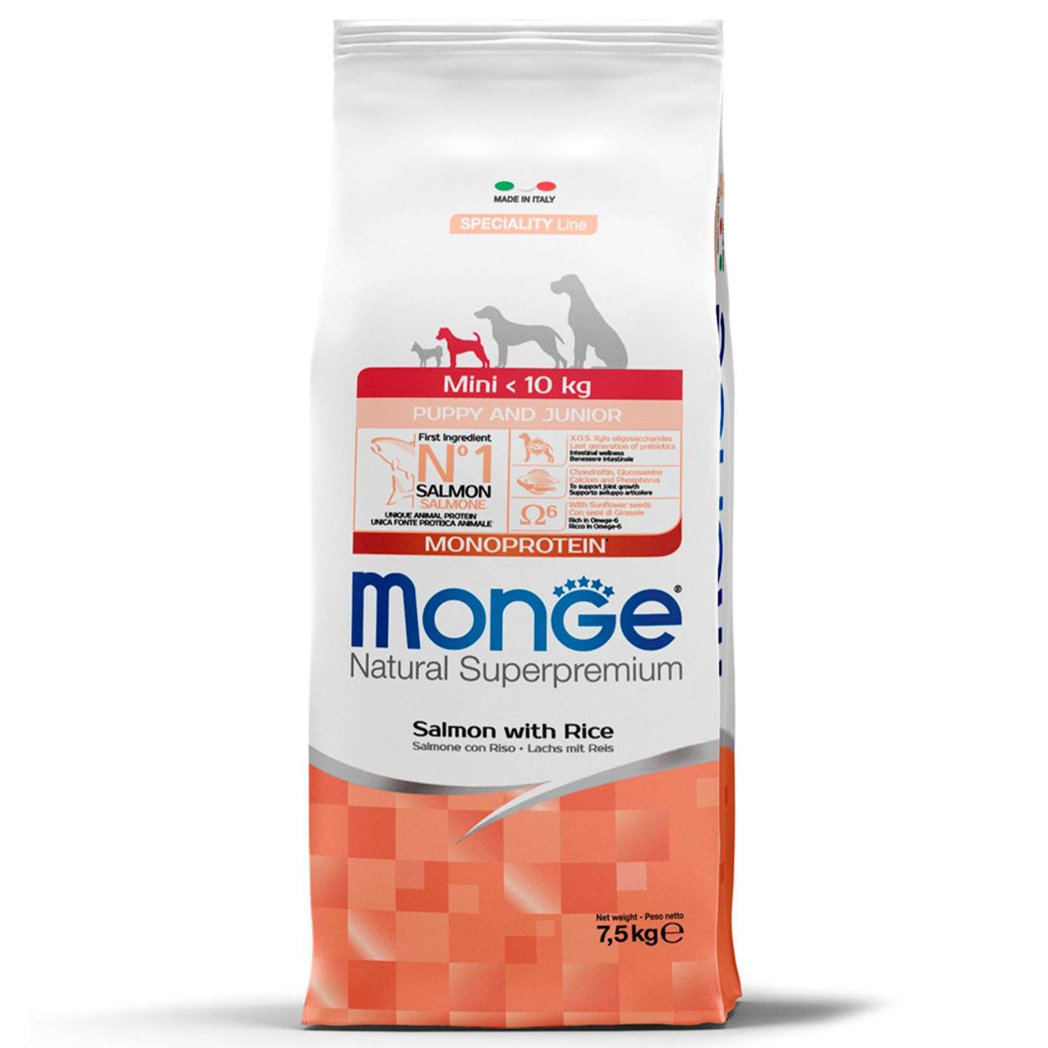 Корм для щенков MONGE 7.5кг Dog Speciality Line Monoprotein мелких пород лосось-рис - фото 1