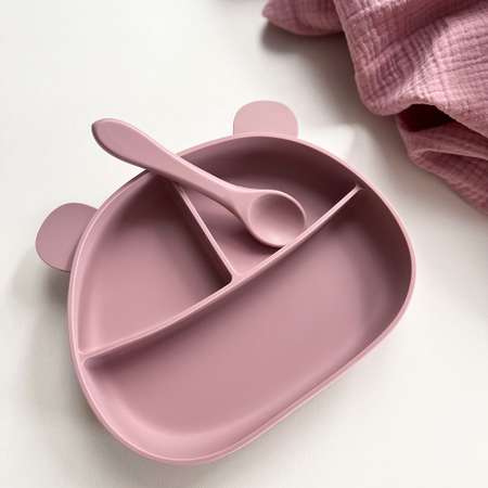 Набор посуды Croobie для кормления Мишка Розовая Пудра