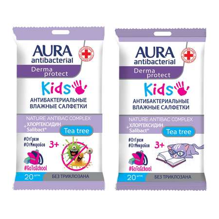 Салфетки влажные AURA Antibacterial kids 20шт в ассортименте