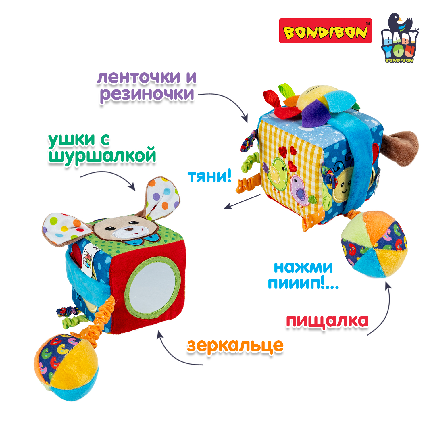 Мягкая игрушка погремушка Bondibon Куб с пищалкой и зеркалом серия Baby You - фото 2