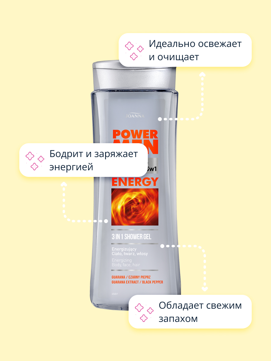 Шампунь-гель для душа JOANNA Energy 3 в 1 с экстрактами черного перца и гуараны 300 мл - фото 3