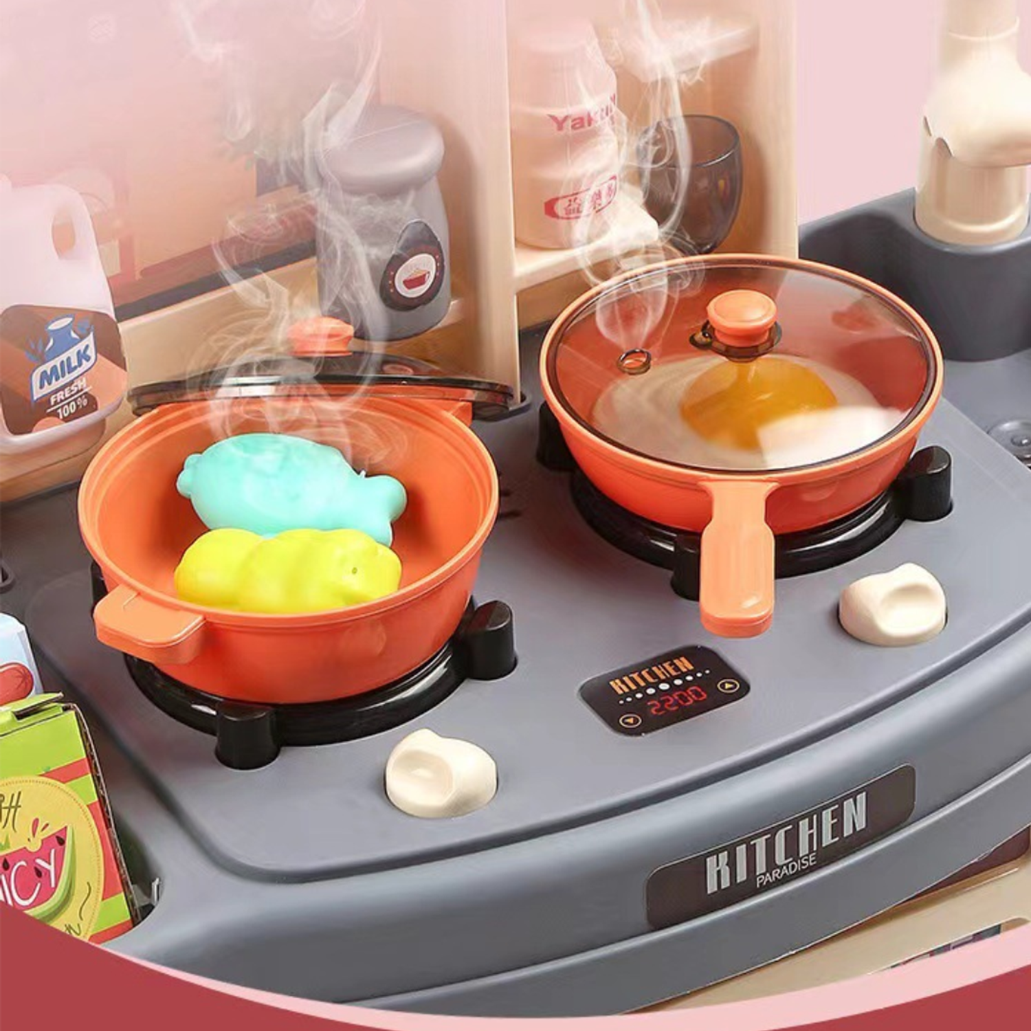 Интерактивная детская кухня SHARKTOYS со светом паром звуками посудой продуктами 21 предмет - фото 2