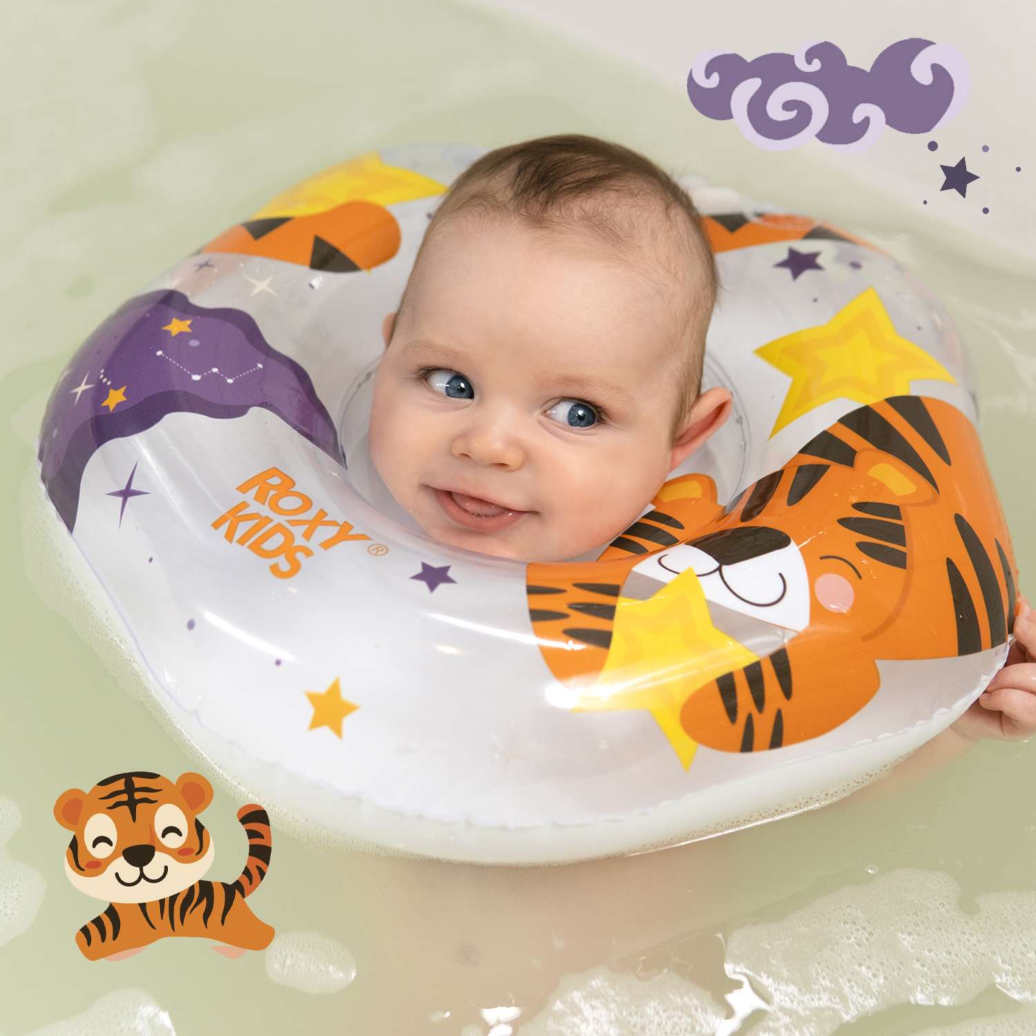 Круг для купания ROXY-KIDS надувной на шею для новорожденных и малышей Tiger Star - фото 1