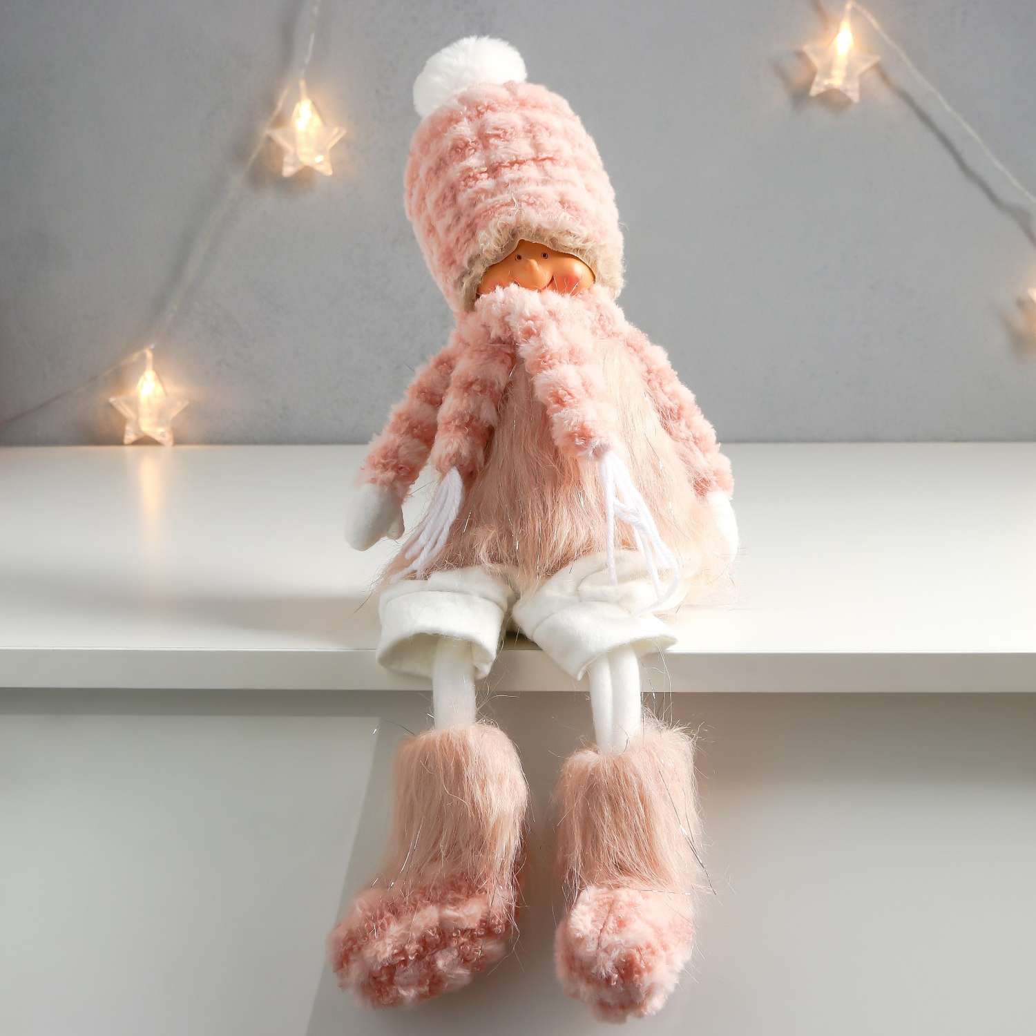 Кукла интерьерная Зимнее волшебство «Мальчишка-кудряш в розовом меховом костюме» длинные ножки 51х10 5х13 5 см 75753 - фото 1