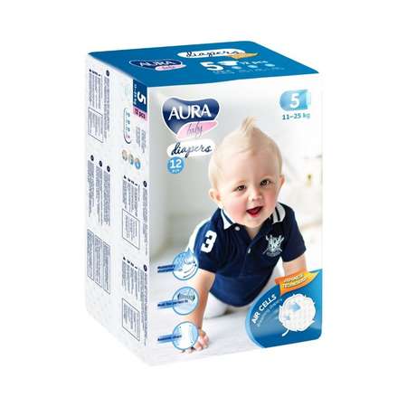 Подгузники AURA BABY одноразовые для детей 5XL 11-25 кг 12шт