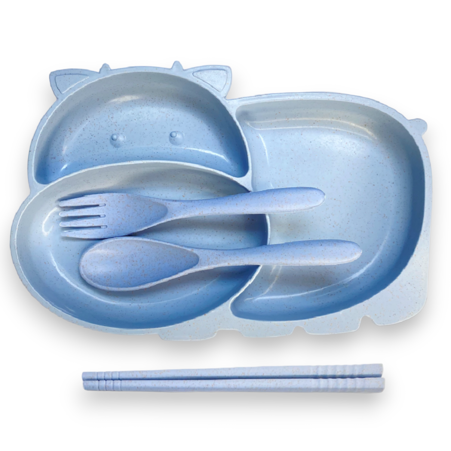 Набор детской посуды Добрый Филин Тарелка вилка ложка Коровка голубая 4 предмета - фото 1