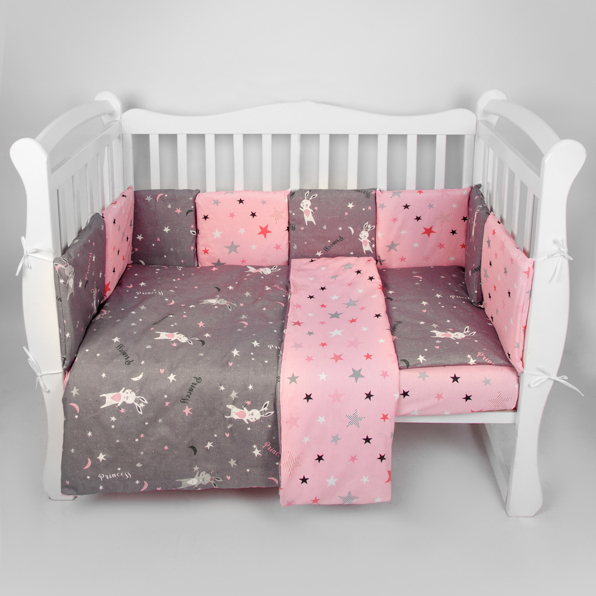 Комплект Premium AmaroBaby 18 предметов: 6 + 12 подушек-бортиков Princess серый розовый - фото 2