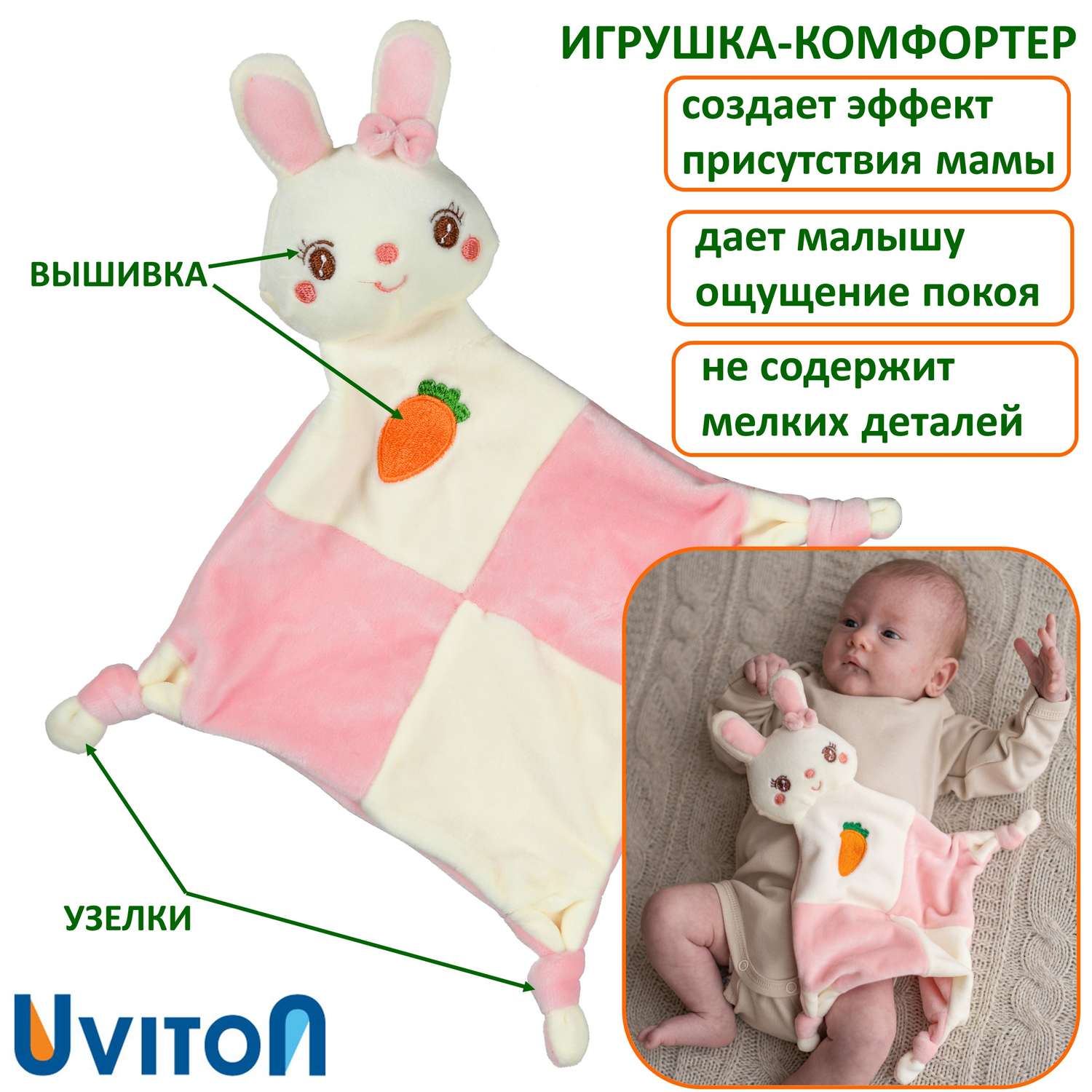 Комфортер для новорожденных Uviton мягкая Кролик розовый - фото 1