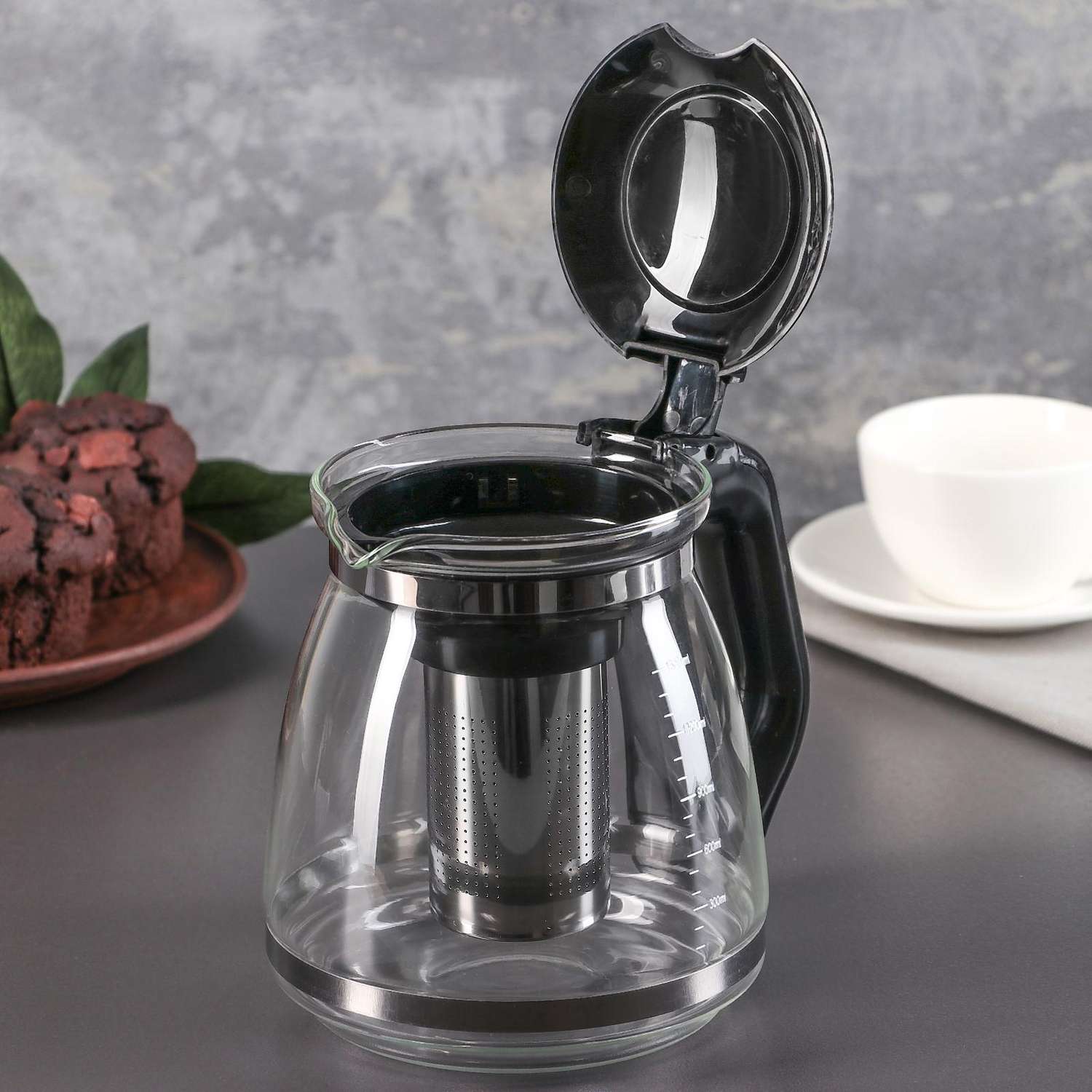 Чайник Sima-Land стеклянный заварочный «Иллюзия» 1.5 л с металлическим ситом цвет чёрный - фото 6