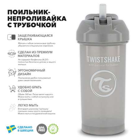 Поильник-непроливайка Twistshake с трубочкой Пастельный серый 360 мл 6 мес+