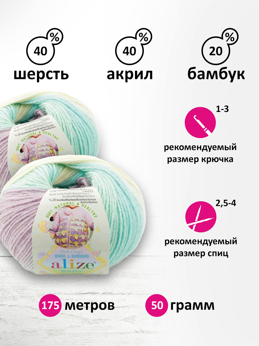 Пряжа для вязания Alize baby wool batik бамбук шерсть акрил 50 гр 175 м 6620 секционный 10 мотков - фото 2