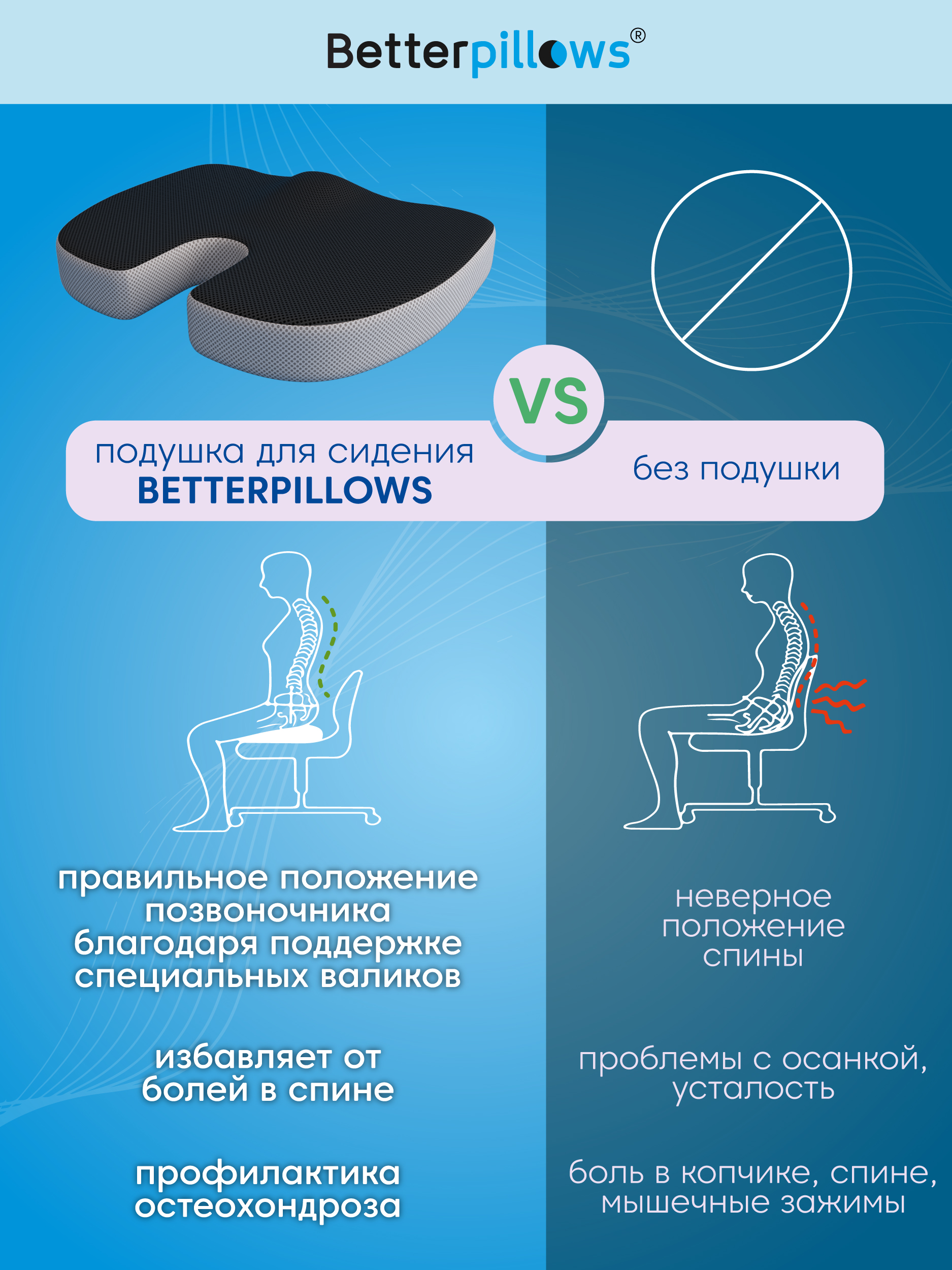 Подушка ортопедическая Betterpillows для сидения черно-серая - фото 2