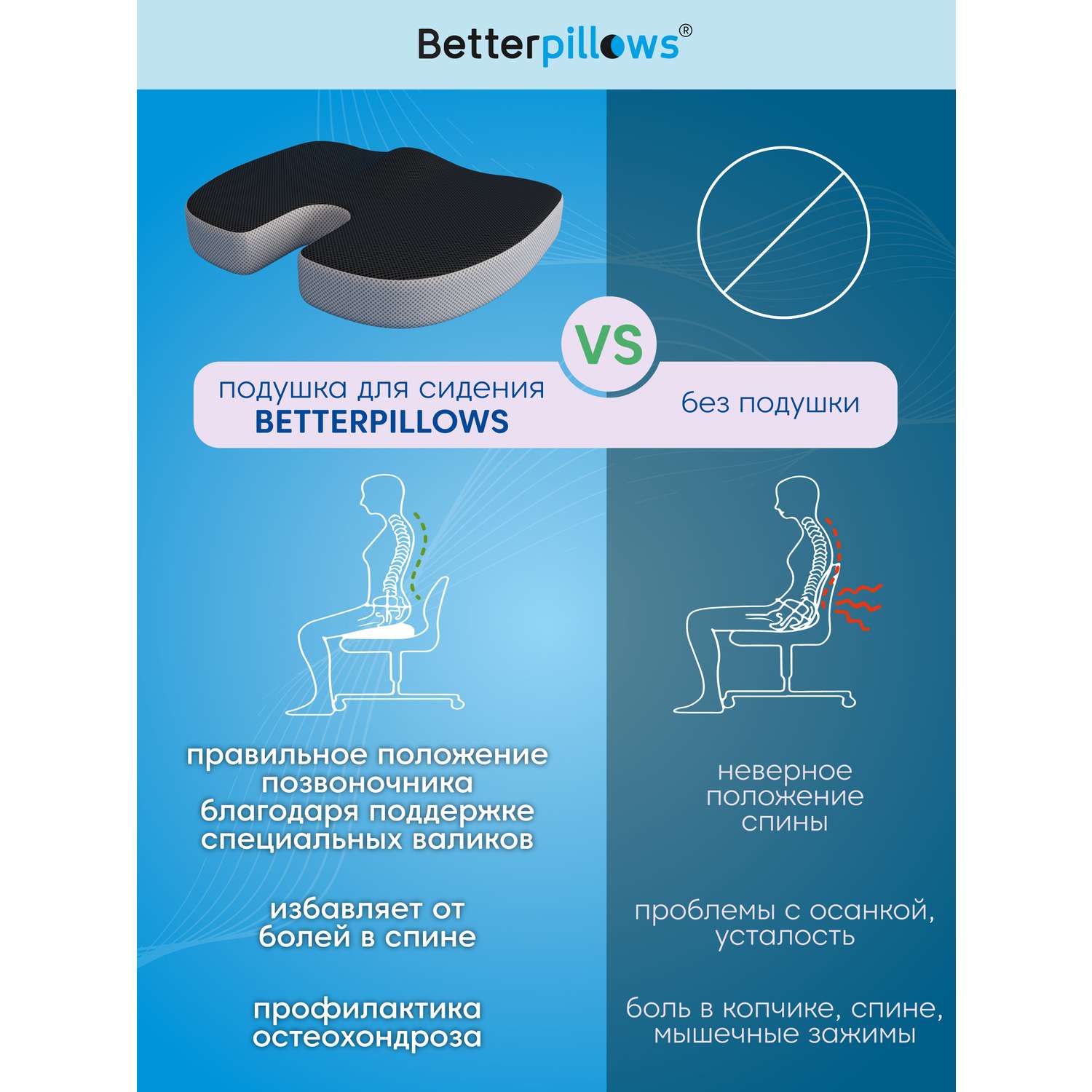 Подушка ортопедическая Betterpillows для сидения черно-серая - фото 2