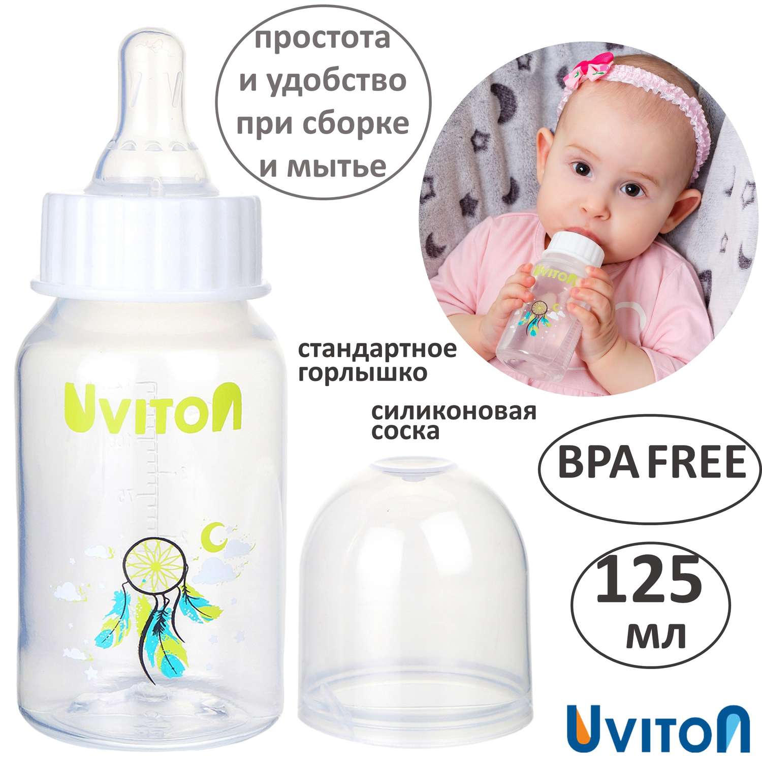 Бутылочка Uviton стандартное горлышко 125 мл. 0114 Белый - фото 1