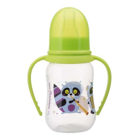 Бутылочка для кормления Мир Детства эргономичной формы с ручками Енотики 125 мл с силиконовой соской в ассортименте