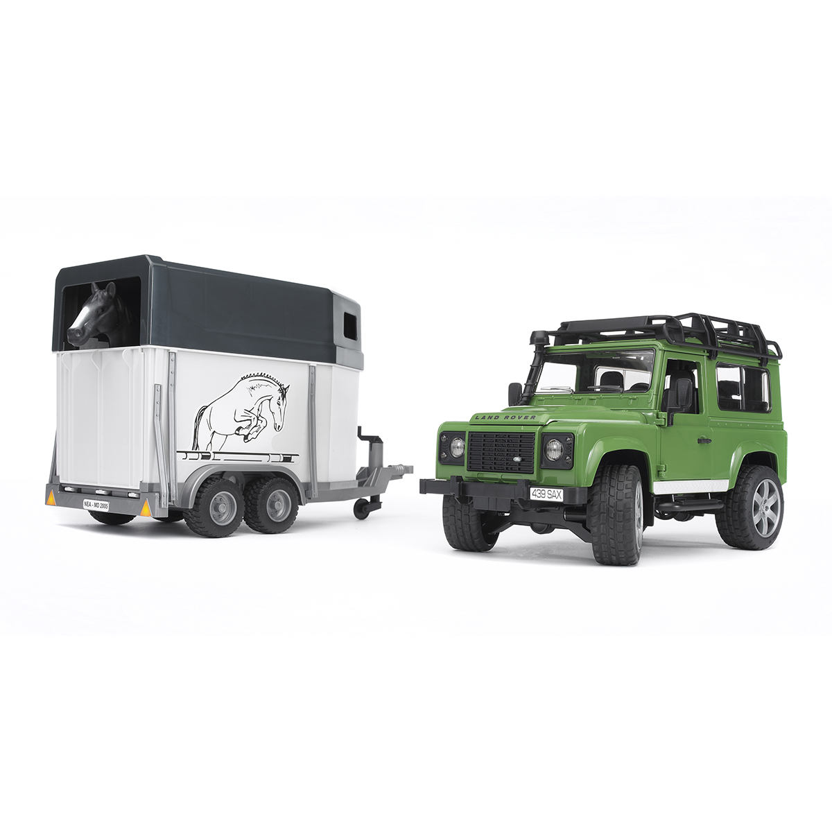 Внедорожник Bruder Land Rover Defender с прицепом и лошадью