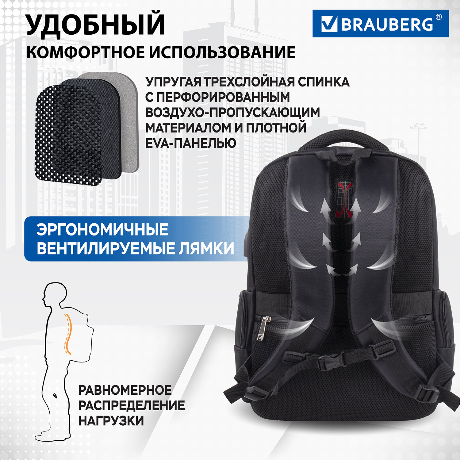 Рюкзак BRAUBERG 270799 FUNCTIONAL Leader с отделением для ноутбука USB-порт 45х32х17 см