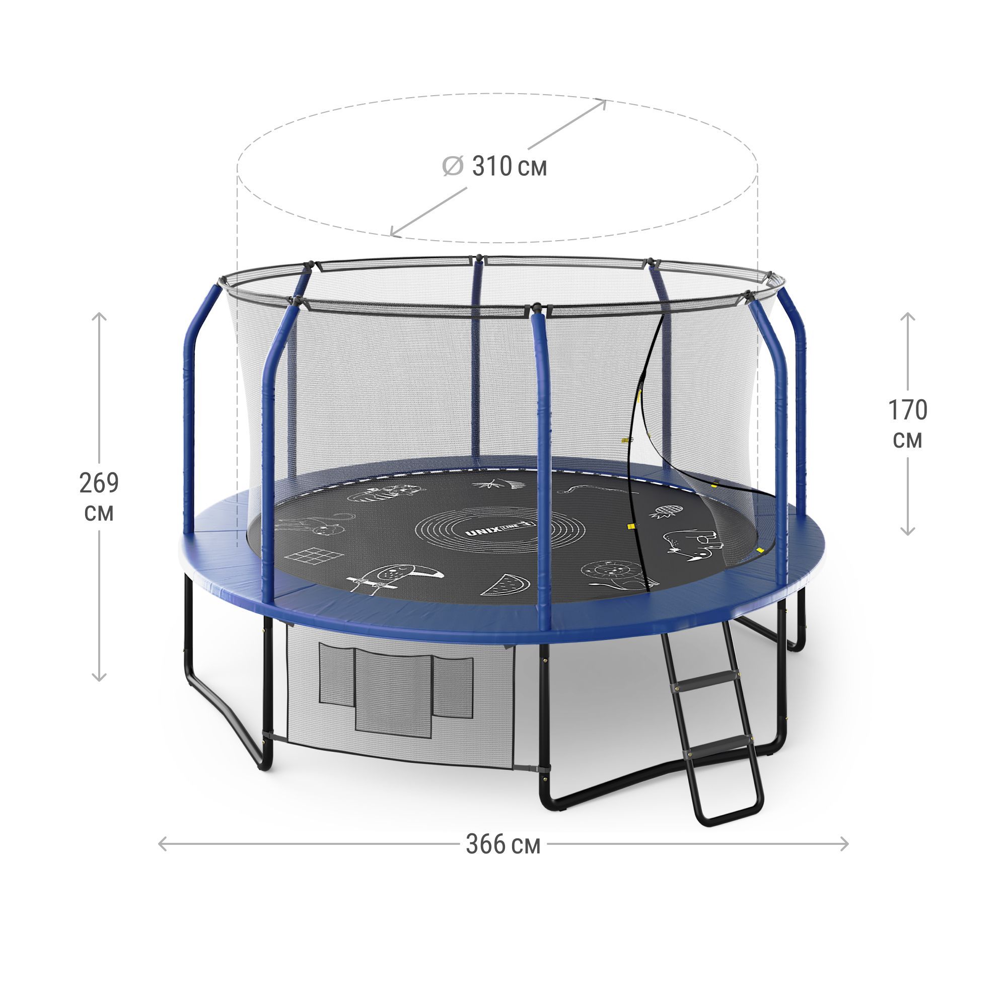 Батут каркасный Supreme game UNIX line 12 ft Blue общий диаметр 366 см до 160 кг диаметр прыжковой зоны 310 см - фото 2