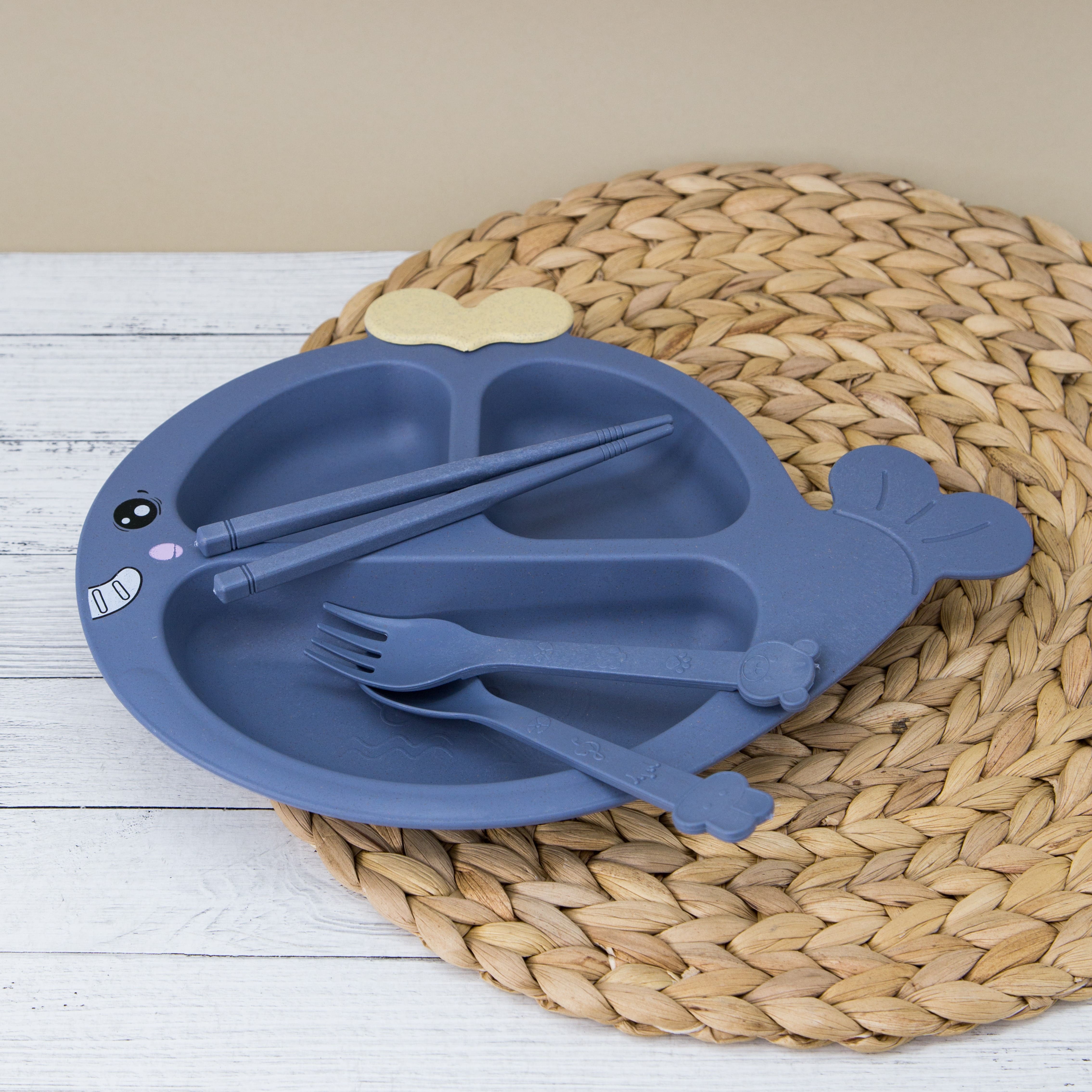 Тарелка секционная iLikeGift Whale blue пластиковая с приборами - фото 6