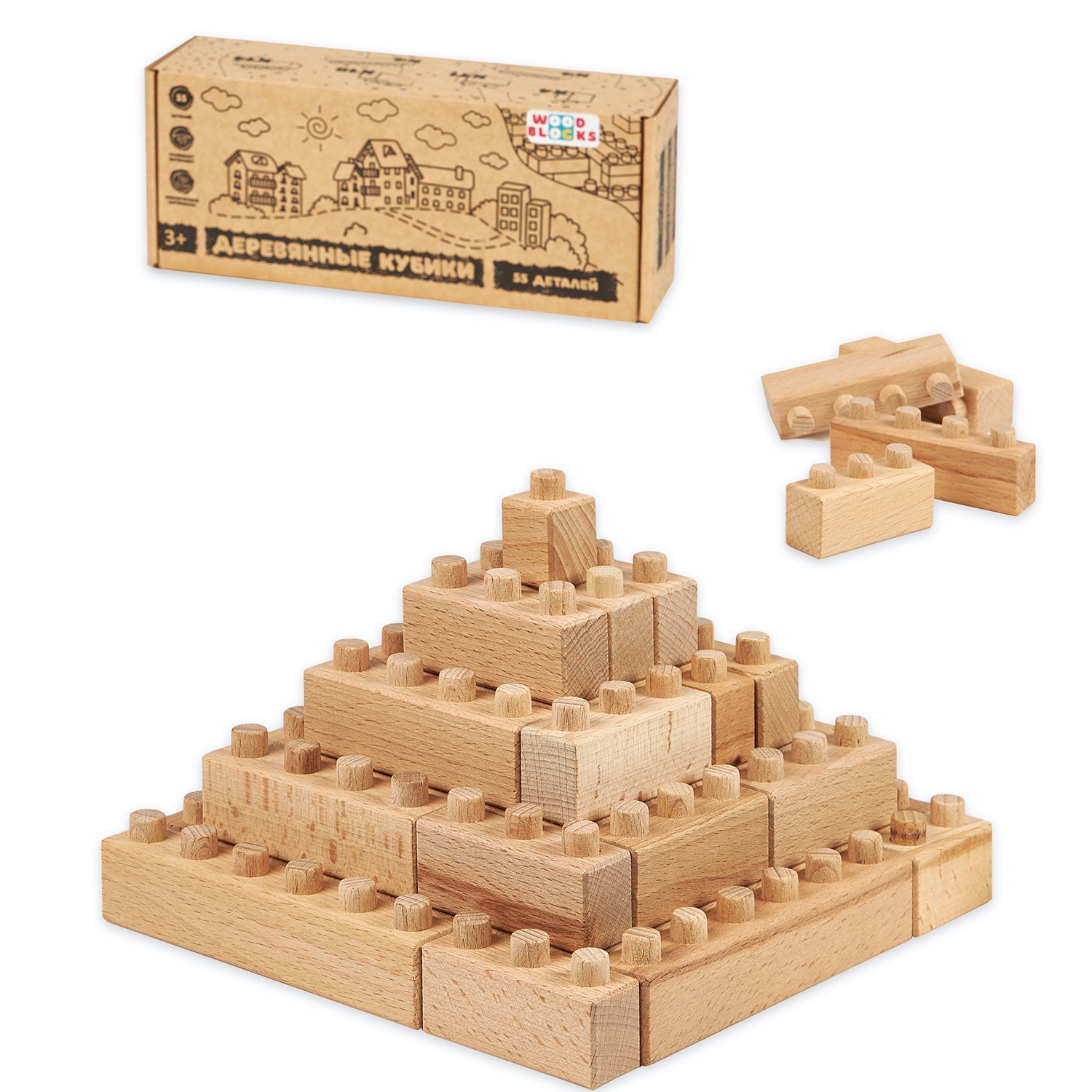 Деревянный конструктор WOOD BLOCKS Набор деревянных кубиков 55 элементов - фото 4