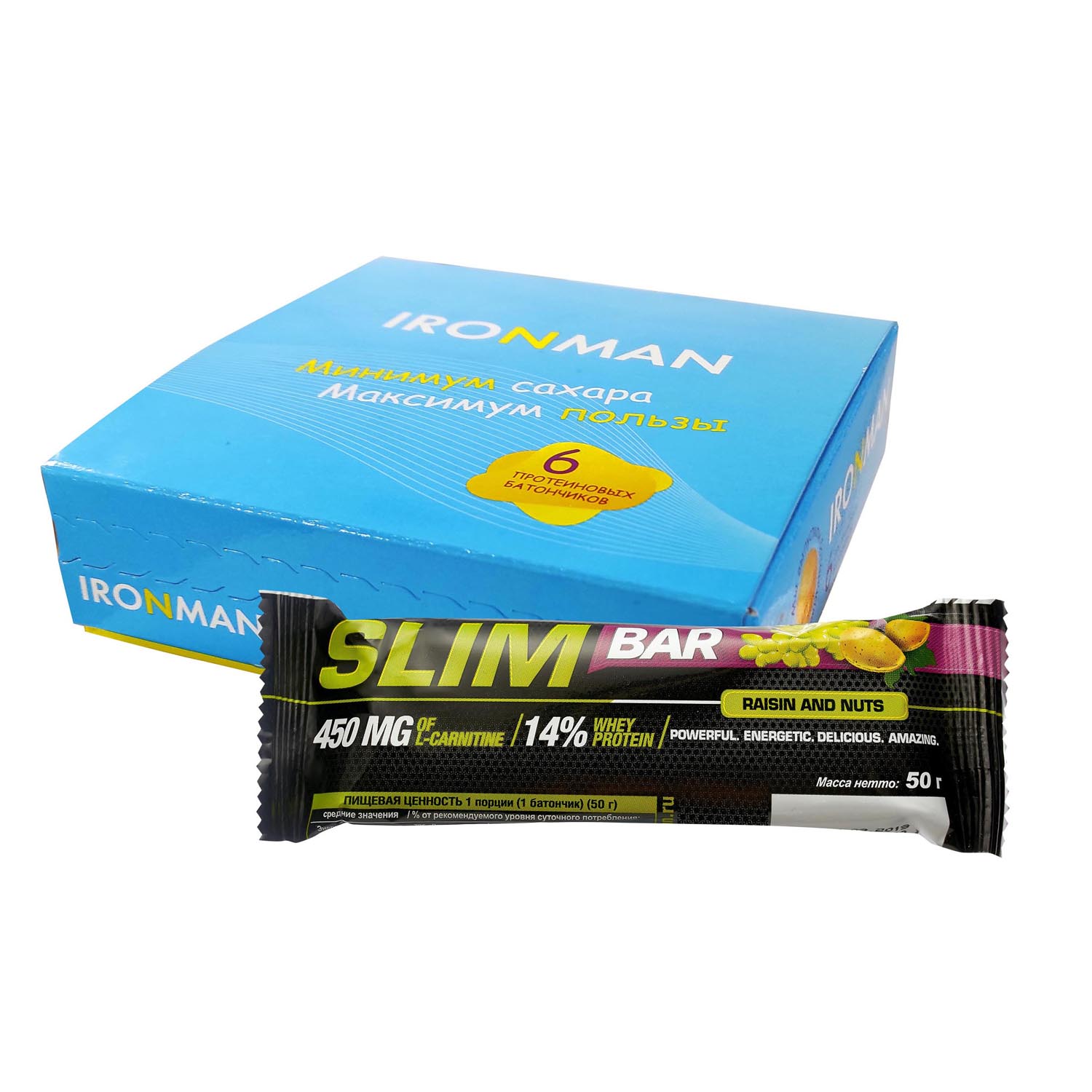 Протеиновый батончик IronMan Slim Bar изюм-орех 6*50 г - фото 1