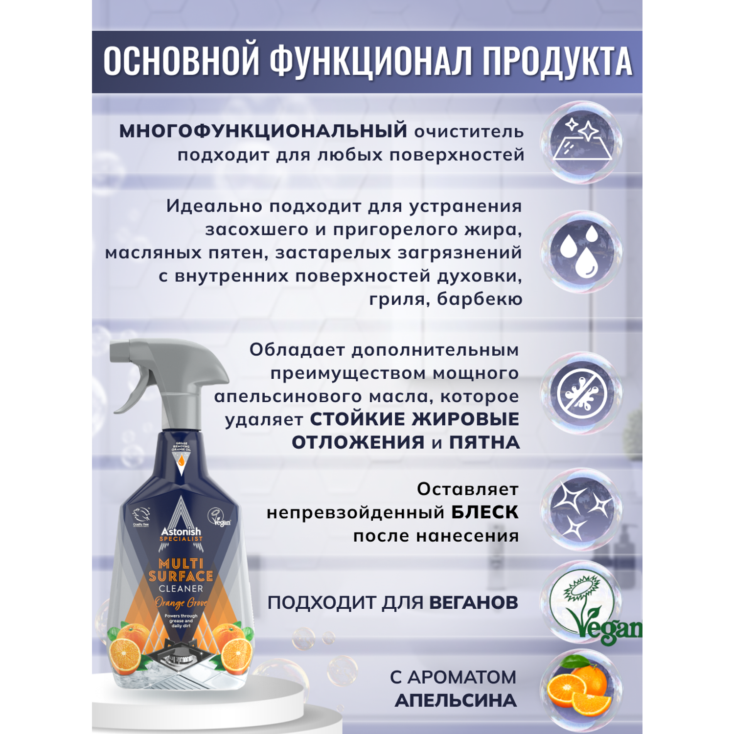 Многофункциональный очиститель Astonish На основе натурального апельсинового масла Specialist Multi-Surface Cleaner Orange Grove - фото 3