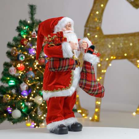 Фигура декоративная BABY STYLE Дед Мороз бордовый костюм с подарками в руках 60 см