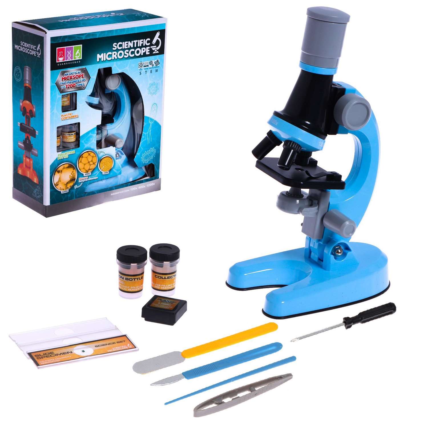Микроскоп Sima-Land детский «Юный ботаник» кратность х100 х400 х1200 голубой подсветка - фото 1