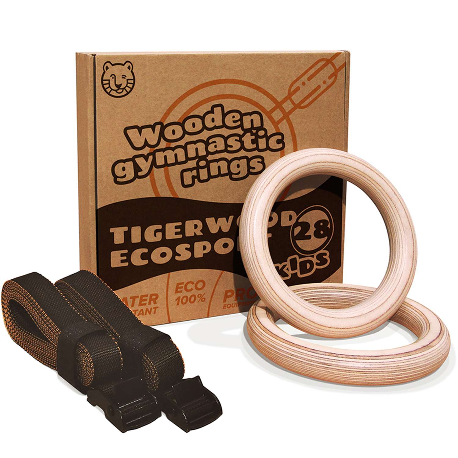 Гимнастические кольца TigerWood EcoSport28child для детей деревянные на ремнях - фото 1