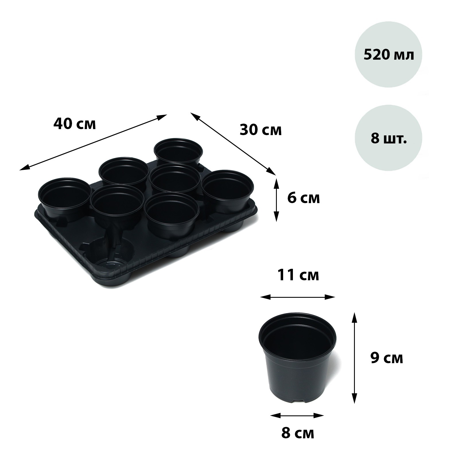 Набор для рассады Sima-Land стаканы по 520 мл (8 шт.) поддон 40 × 30 см чёрный Greengo - фото 1