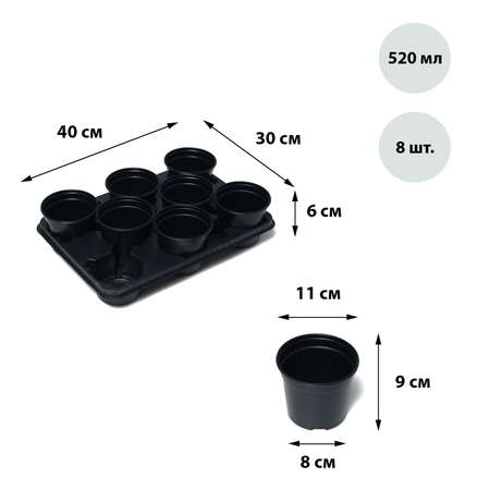 Набор Sima-Land для рассады: стаканы по 520 мл (8 шт.) поддон 40 × 30 см чёрный Greengo