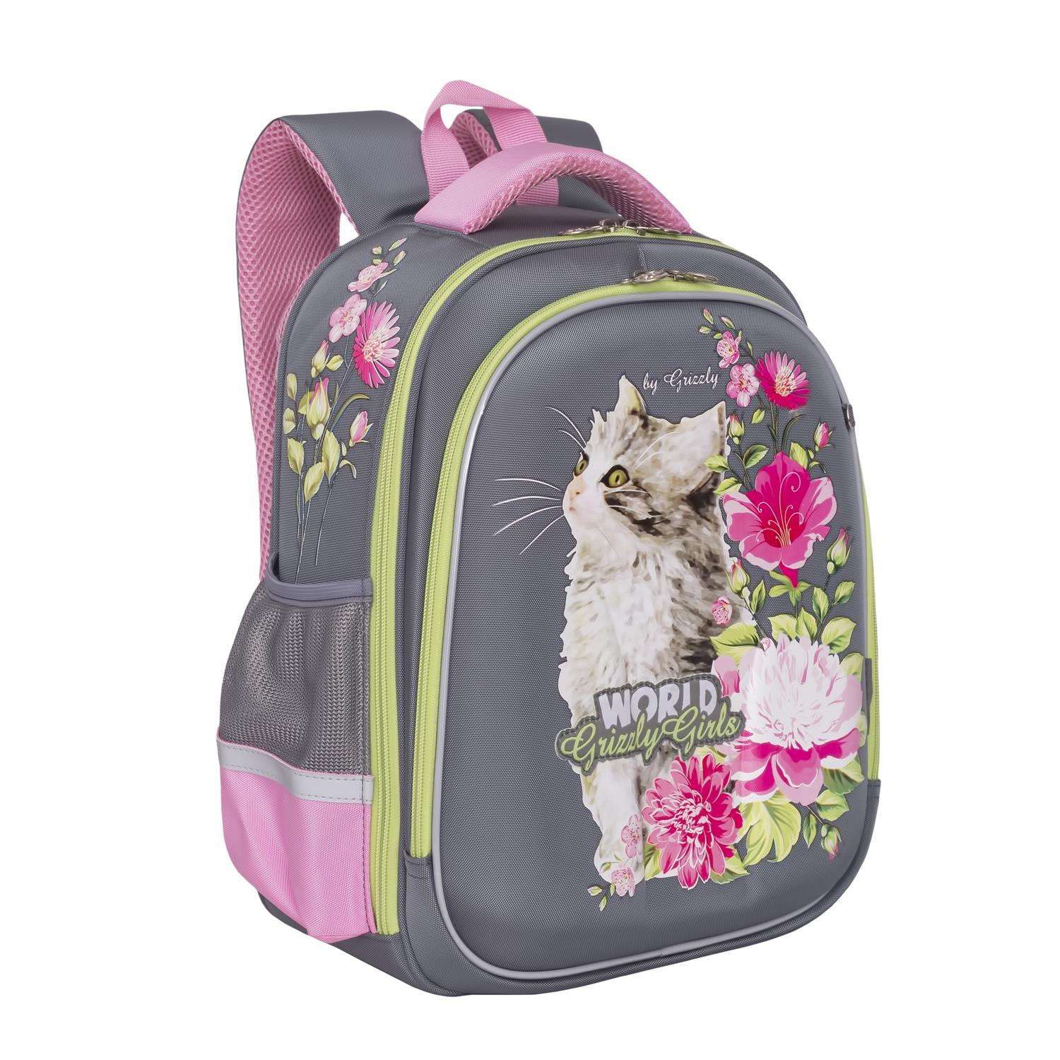 Рюкзак Grizzly для девочки кот в цветах - фото 2