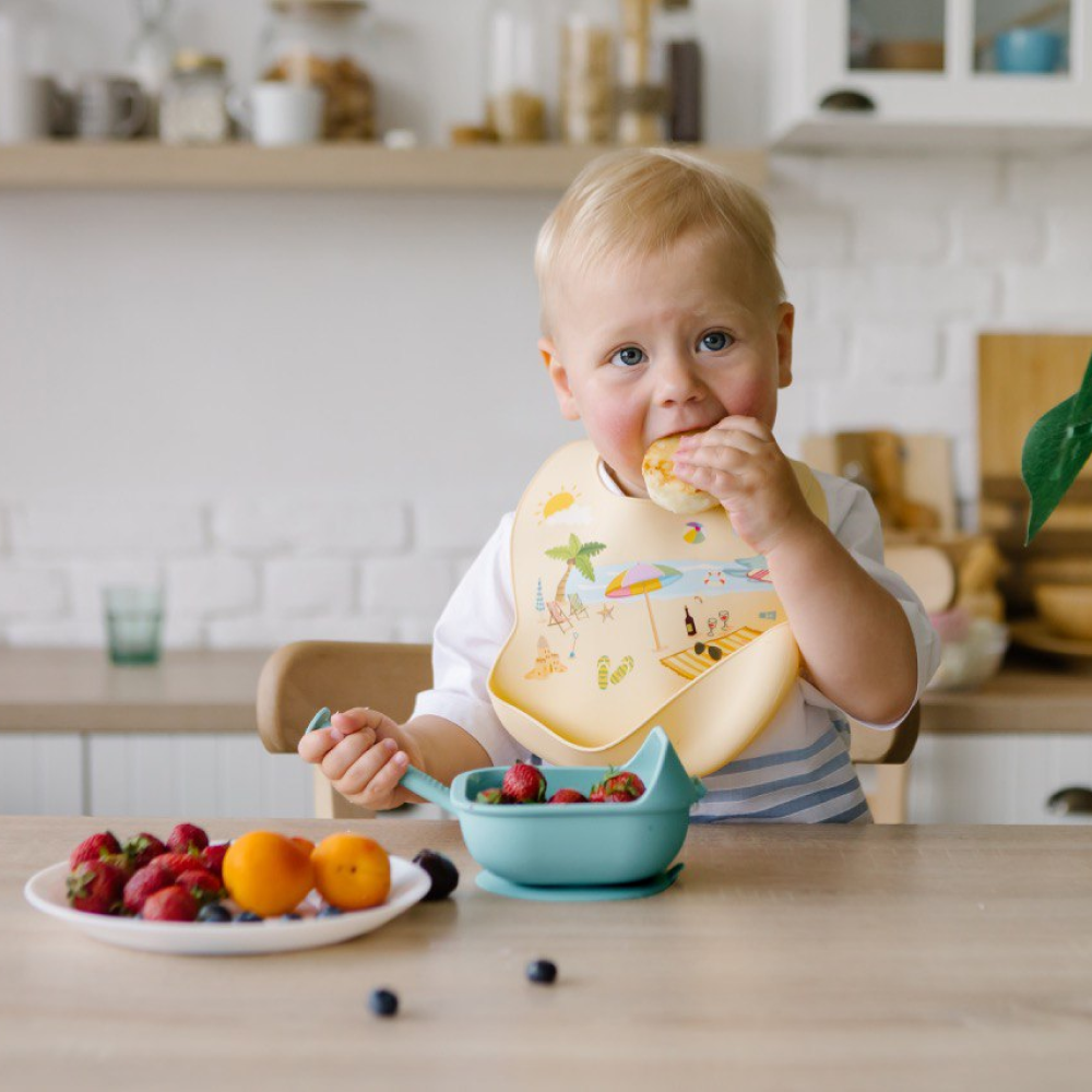 Набор детской посуды iSюминка Силиконовая тарелка на присоске и ложка Аквамарин - фото 9
