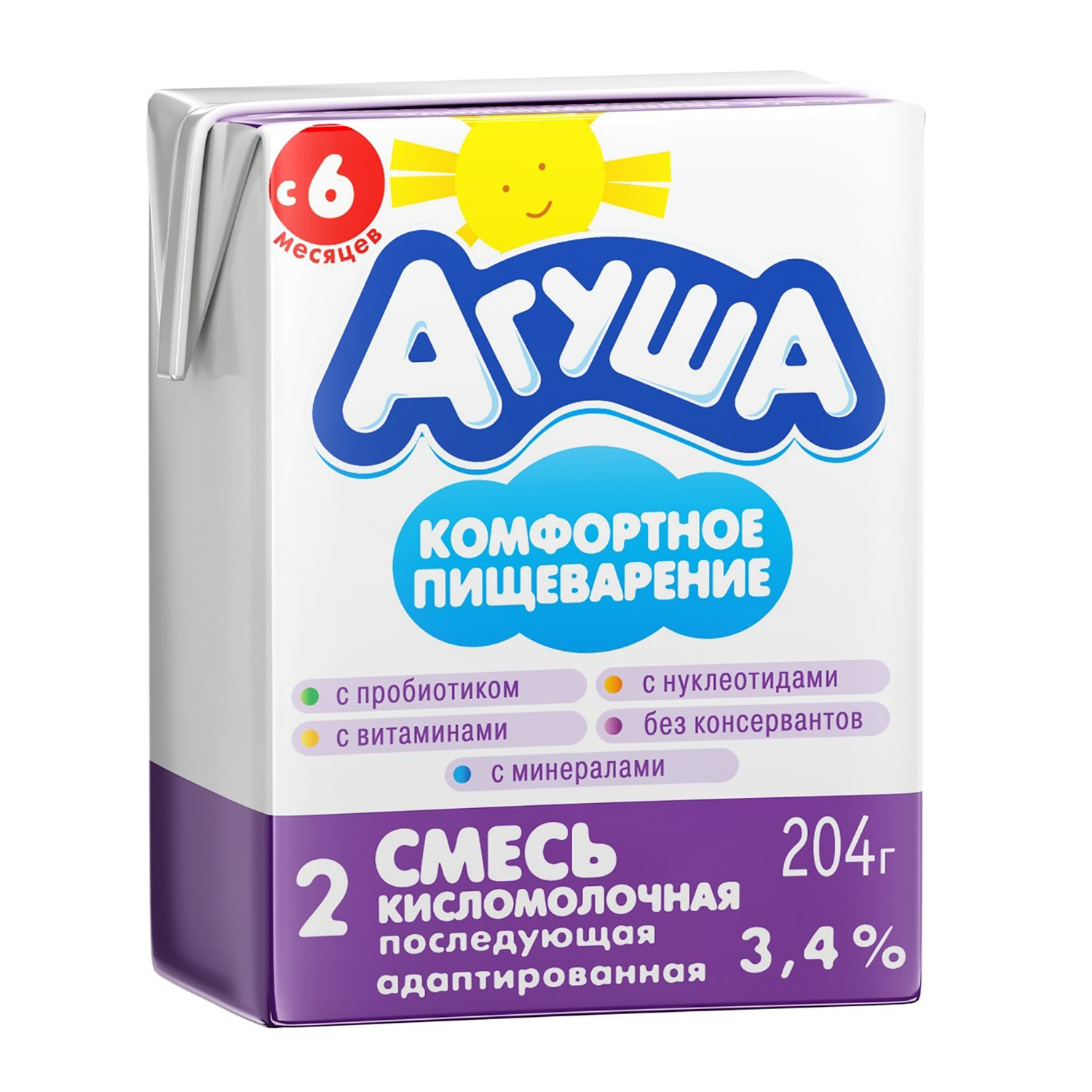 Смесь Агуша 2 сбалансированная кисломолочная 3.4% 0.2л с 6месяцев купить по  цене 40.9 ₽ в интернет-магазине Детский мир