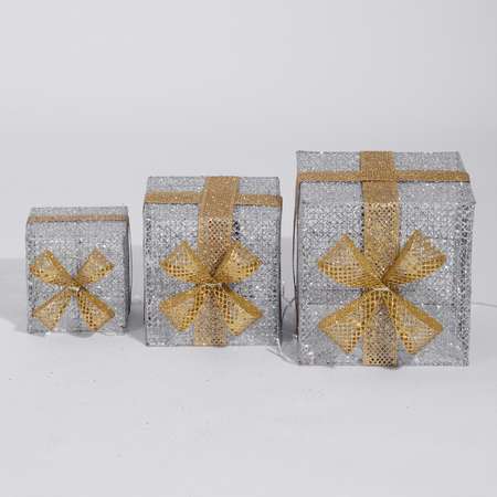 Фигура декоративная BABY STYLE Подарочный набор фигур серебро коробочка 3 фигурки LED теплый белый свет 15/20/25 см