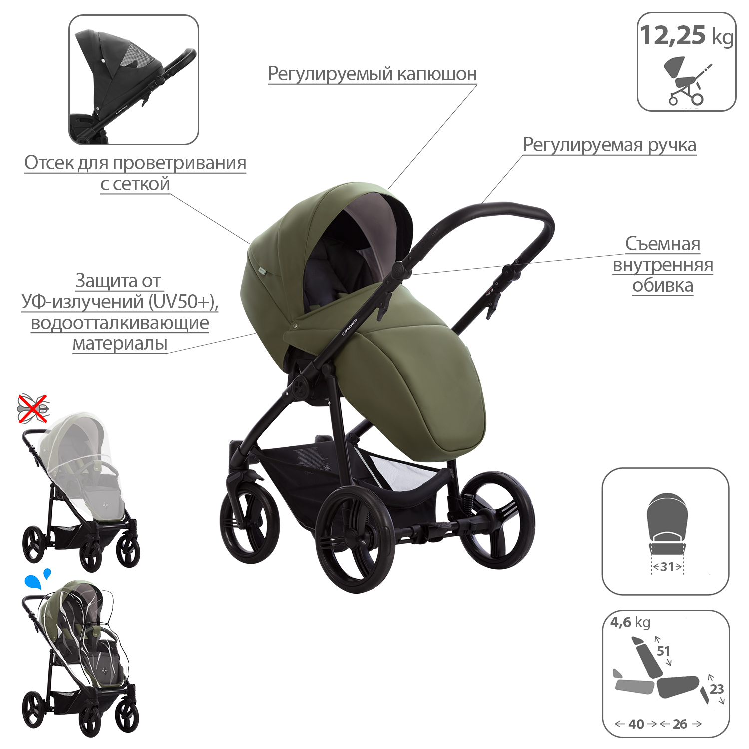 Коляска 2в1 Bebetto Explorer Air Pro экокожа шасси Черное 05 - фото 5