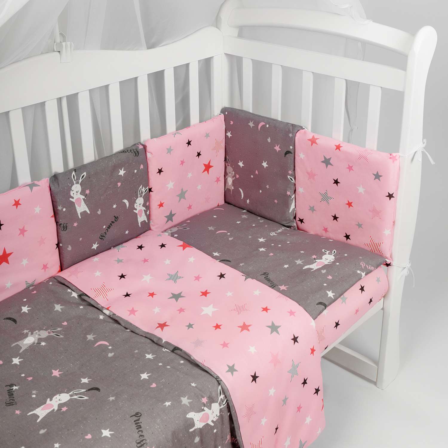 Комплект в кроватку AmaroBaby 3 предмета BABY BOOM Princess серый розовый - фото 5