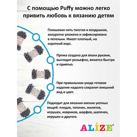 Пряжа для вязания Alize puffy 100 г 9 м микрополиэстер фантазийная плюшевая 87 темно-серый 5 мотков