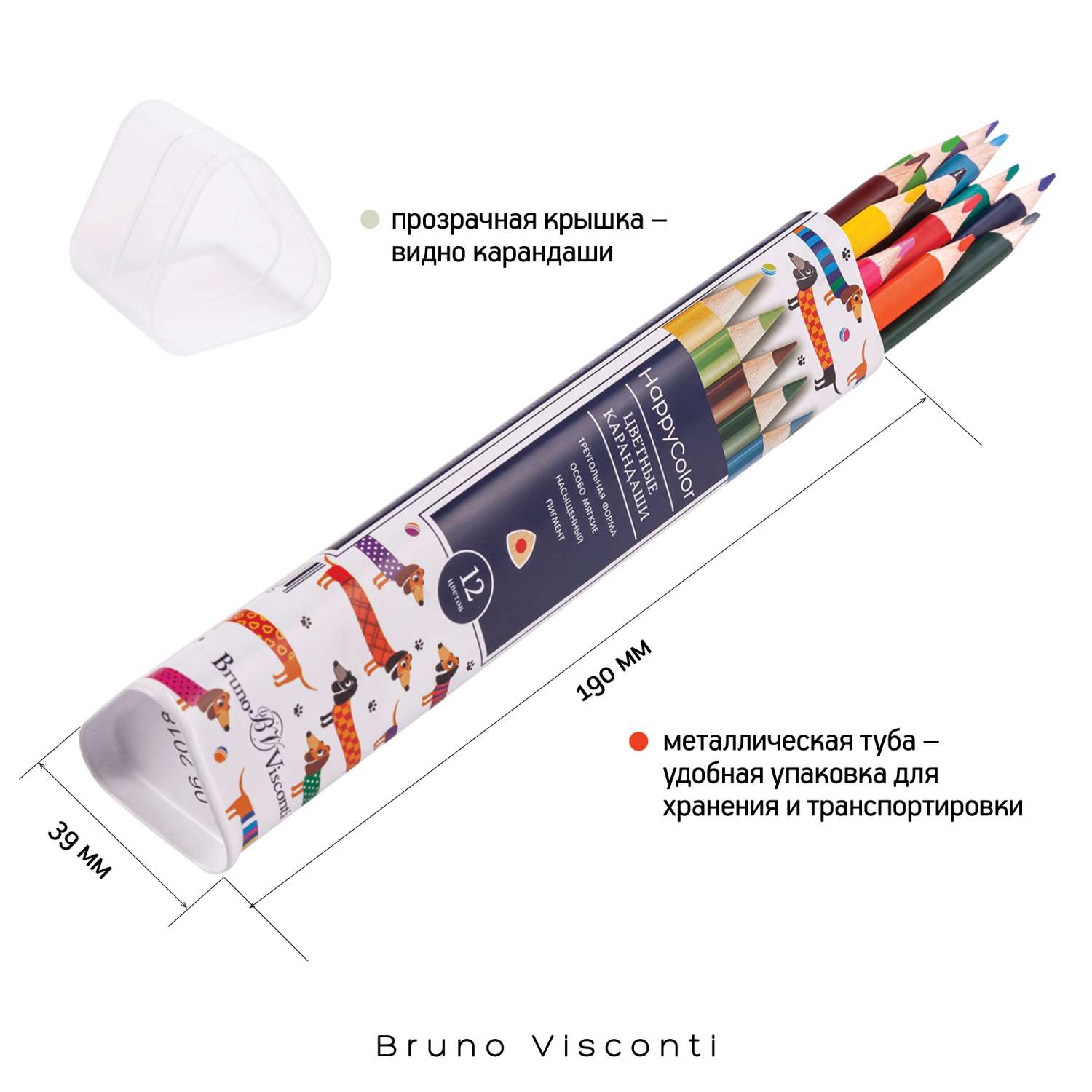 Карандаши цветные Bruno Visconti HappyColor 12 цветов в металлической тубе - фото 2