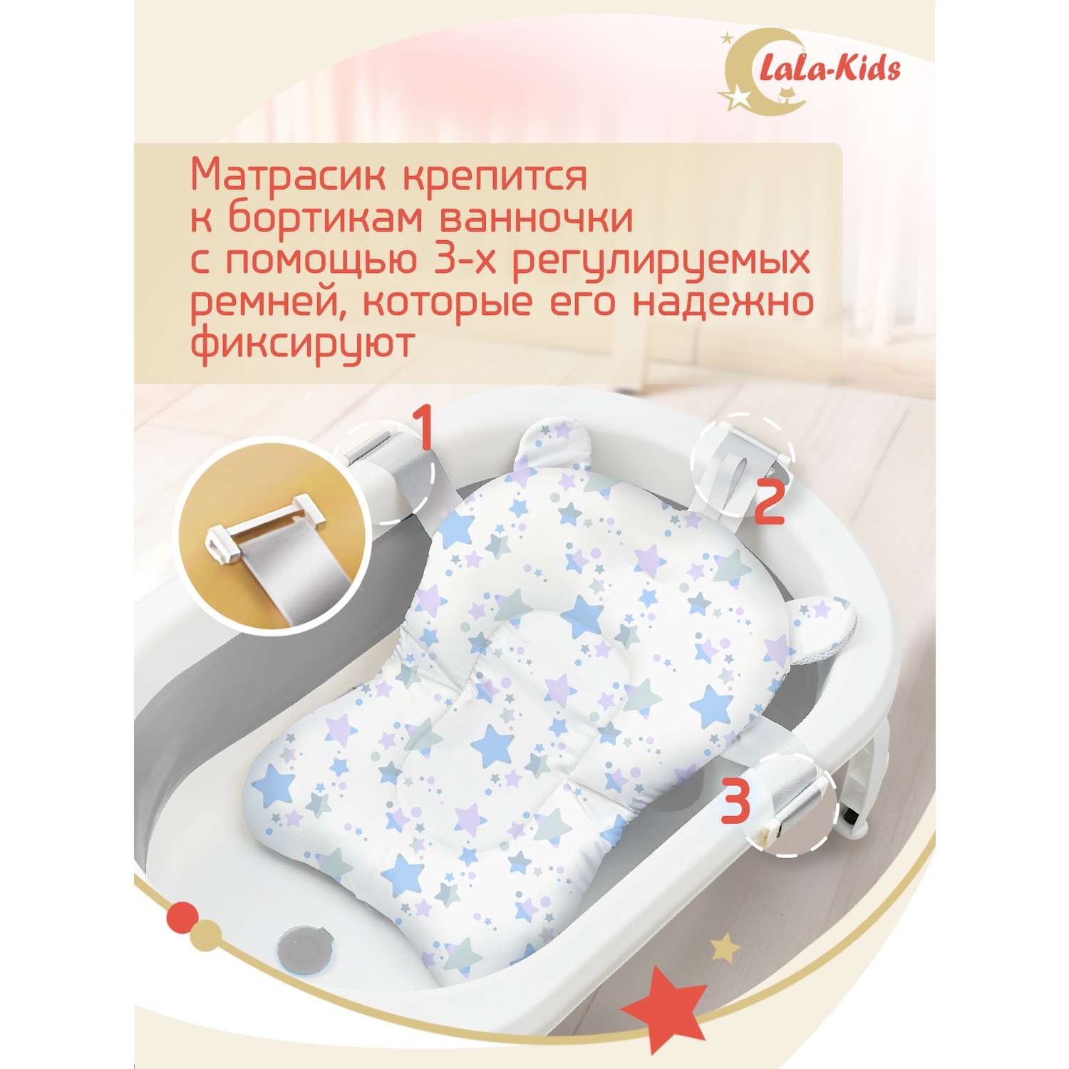 Складная ванночка LaLa-Kids для купания новорожденных с термометром и матрасиком в комплекте - фото 15