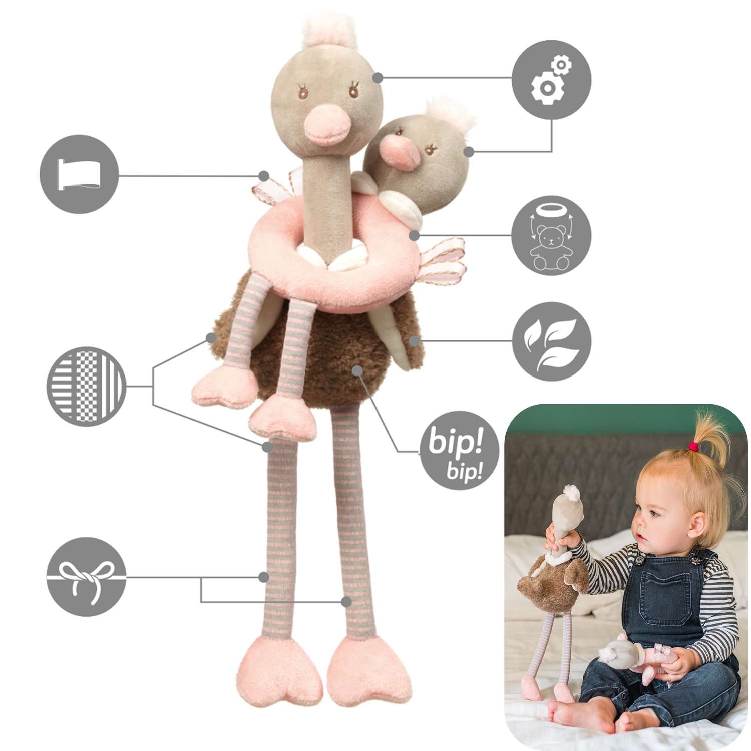 Набор игрушек Babyono Ostrich Family 2 шт с шелестящими элементами и пищалкой - фото 1